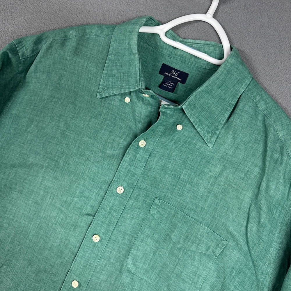 Brooks Brothers Shirt Mens XL Green 346 Casual 100% Linen Long Sleeve Button